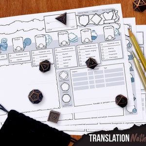 May include: A blank character sheet for a tabletop role-playing game, with spaces for character name, class, level, and stats. The sheet is printed on white paper and has a gray background. There are several dice on the sheet, including a d6, a d8, and a d20.