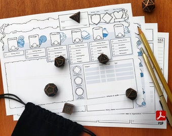 May include: A blank character sheet for a tabletop role-playing game, with several metal dice scattered around it. The sheet has sections for character name, race, class, ability scores, saving throws, skills, weapons, and more.
