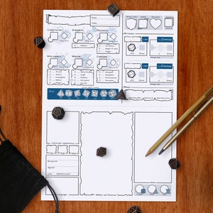 May include: A blank character sheet for Dungeons and Dragons role-playing game, with a blue and white design. The sheet includes sections for character stats, abilities, skills, and background information. There are also spaces for dice rolls and notes. The sheet is surrounded by a white border and has a distressed, aged look.