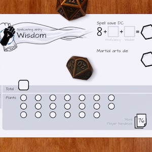 Può includere: Un foglio di personaggio bianco per un gioco di ruolo da tavolo, con sfondo grigio e testo nero. Il foglio include una sezione per l'abilità di lancio di incantesimi, il CD di salvataggio contro gli incantesimi, il dado di arti marziali e una sezione di punti totali. Il foglio include anche una sezione per il manuale del giocatore del monaco.