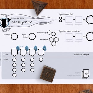 May include: A printable Dungeons and Dragons character sheet for an Eldritch Knight fighter. The sheet includes spaces for spell slots, spell save DC, spell attack modifier, and other character information. The sheet is designed to be printed and used with a standard D&D game.