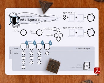 Könnte beinhalten: Ein druckbares Dungeons and Dragons Charakterblatt für einen Eldritch Knight Kämpfer. Das Blatt enthält Platz für Zauberplätze, Zauberrettungswürfel, Zauberangriffsmodifikator und andere Charakterinformationen. Das Blatt ist zum Ausdrucken und Verwenden mit einem Standard-D&D-Spiel gedacht.