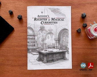 May include: A black and white illustration of a room with a large desk and bookshelves. The text on the cover reads "Altonine's Register of Magical Curiosities".