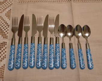 French Cutlery Set Yves Rocher 12 Cutlery Set with Floral Handles Stainless Steel Knives Forks Tea Spoons Rare Vintage Cutlery vtg silveware