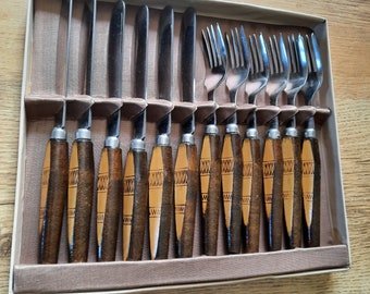 12 x vintage cutlery set 6 forks 6 knives unique handcrafted wood handles brown cutlery handles flatware silverware original vtg cutlery set