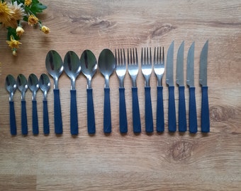 Vintage cutlery set of 16 pieces TRAMONTINA 4 forks 4 knives 4 dinner spoons 4 tea spoons flatware silverware cutlery set with blue handles