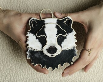 Wall sculpture, wood and paper, decoration, little badger's head.