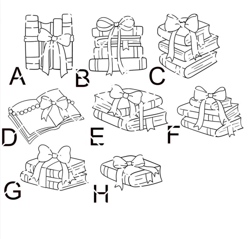 May include: A set of eight black and white illustrations of books with bows. The illustrations are labeled with letters A through H.