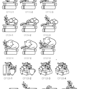 May include: Black and white line art illustrations of stacks of books with various decorative elements on top, including a cup of coffee, a cat, flowers, and a potted plant. The illustrations are labeled with product codes.