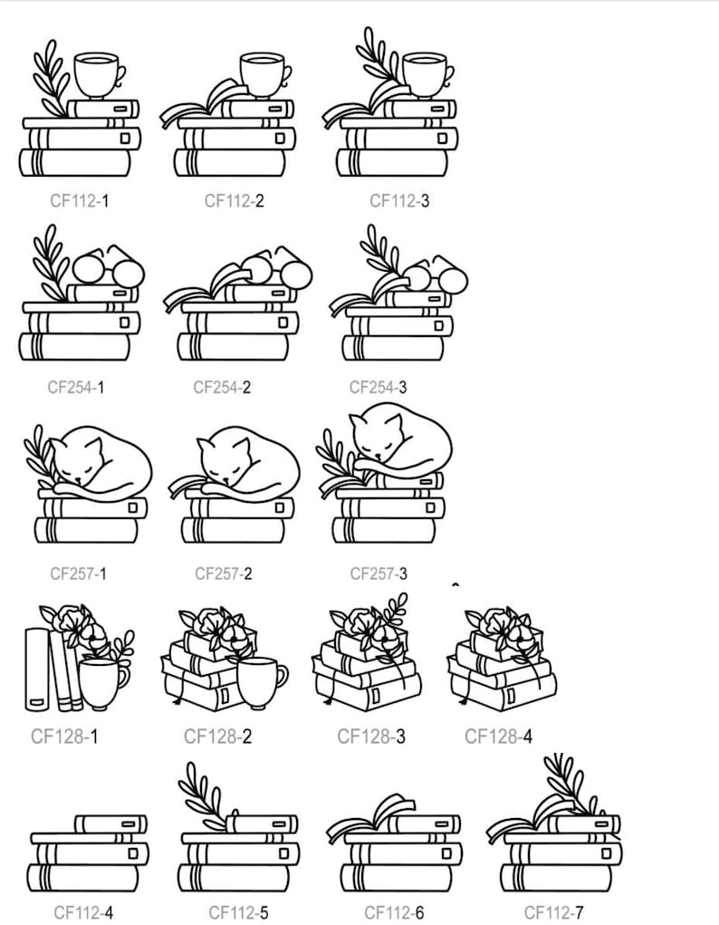 May include: Black and white line art illustrations of stacks of books with various decorative elements on top, including a cup of coffee, a cat, flowers, and a potted plant. The illustrations are labeled with product codes.