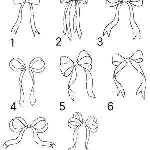 May include: A black and white line drawing showing eight different ways to tie a bow. The bows are numbered 1 through 8.