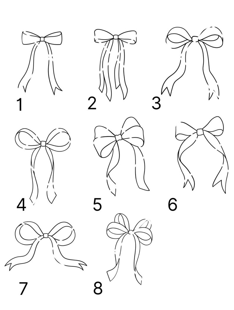 May include: A black and white line drawing showing eight different ways to tie a bow. The bows are numbered 1 through 8.