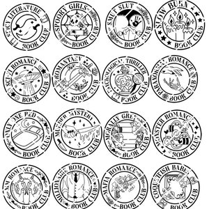 May include: Black and white illustrations of book club logos with different themes. Each logo features a unique design and text, such as "Villain Lovers Book Club", "Spooky Girls Book Club", and "True Crime Book Club".