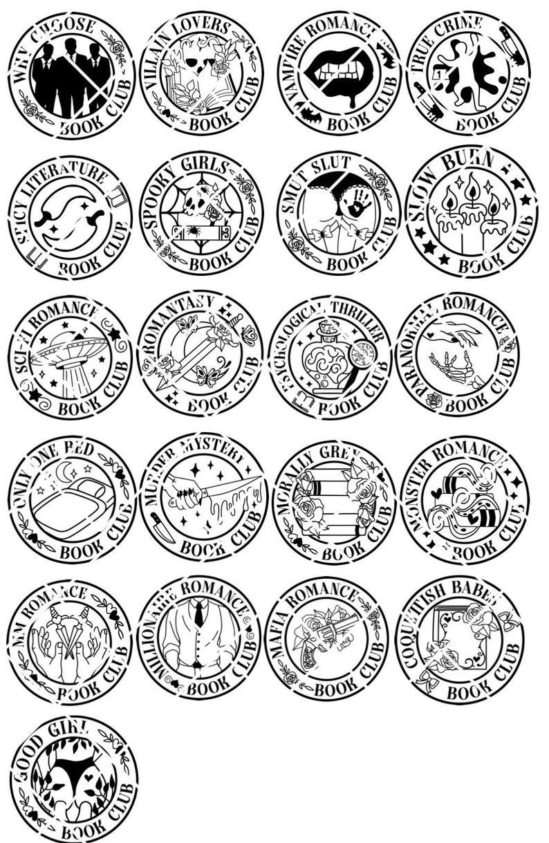May include: Black and white illustrations of book club logos with different themes. Each logo features a unique design and text, such as "Villain Lovers Book Club", "Spooky Girls Book Club", and "True Crime Book Club".