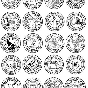 May include: A set of 16 black and white circular book club stickers with various themes and designs. Each sticker features a book, a symbol, and text that reads "Book Club".