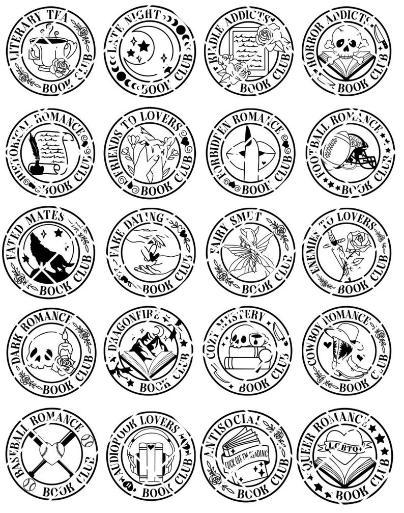 May include: A set of 16 black and white circular book club stickers with various themes and designs. Each sticker features a book, a symbol, and text that reads "Book Club".