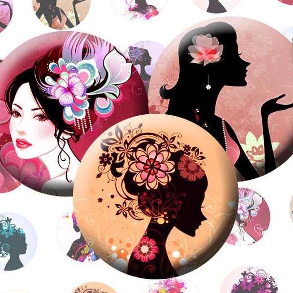 Printable collage sheet circles  30mm 25mm 20mm, Beautiful Woman, Girl Silhouette, Digital cabochon images for pendants, Floral Women