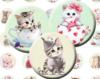 Digital images Sweet kittens for jewelry making Bottlecap Circles 30mm, 25mm, 20mm Printable collage sheet Cats Cabochon images for pendants