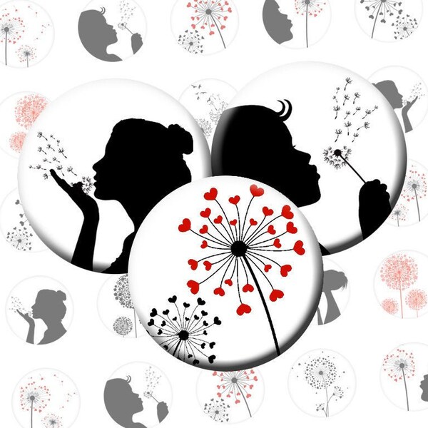 Feuille de collage imprimable Dandelion (fr) Silhouette de fille d'enfant Images numériques pour pendentifs Images de cercle 30mm 25mm 20mm Images de Cabochon