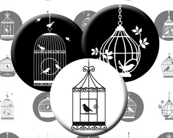 Digital Collage Sheet Black and White Bird in Cage Images Printable Cabochons for Pendants Bottlecap Circle images 20mm 25mm 1inch 30mm