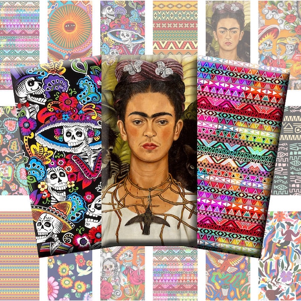 Mexican Folk Art Digital Collage Sheet Cabochon Images Printable 1x2 inch Domino Rectangle Pendants Digital Download for Jewelry Making