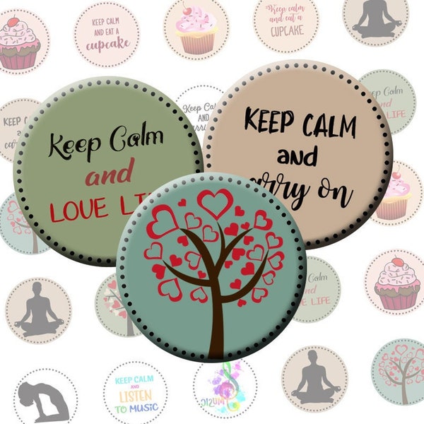 Feuille de collage numérique Keep Calm, Love Life, Eat a cupcake, Cabochon images, Images imprimables pour la fabrication de bijoux, images de cercle 20mm 25 30mm