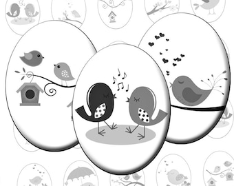 Cute Bird Birds oval images for pendants 30x40mm, 18x25mm, 13x18mm Digital Printable sheet Cabochon images Instant download Birdie images