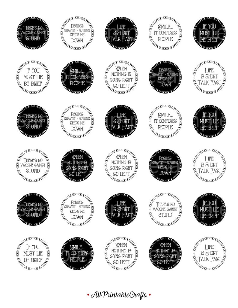 Funny quotes Black and white Digital collage sheet Printable funny sayings Cabochon images for pendants Circle images 30mm 25mm 20mm