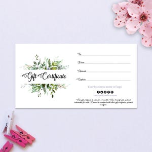 Personalizable Gift Card Template, Custom Gift Certificate, Greenery Gift Voucher, Printable Gift Card Download, Small Business Gift Card