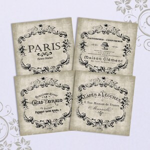 Afbeeldingen voor onderzetters VINTAGE FRANSE LABELS Afdrukbare download Tegels van 3,8 x 3,8 inch Decoupage Wenskaarten Magneten Grote vierkanten om te knutselen
