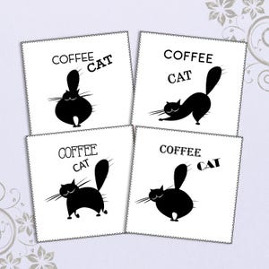 Plantilla imprimible para posavasos de 3,8 x 3,8 cm, con diseño de gato negro y café, para decoupage, tarjetas de felicitación, posavasos, plantillas digitales para manualidades.