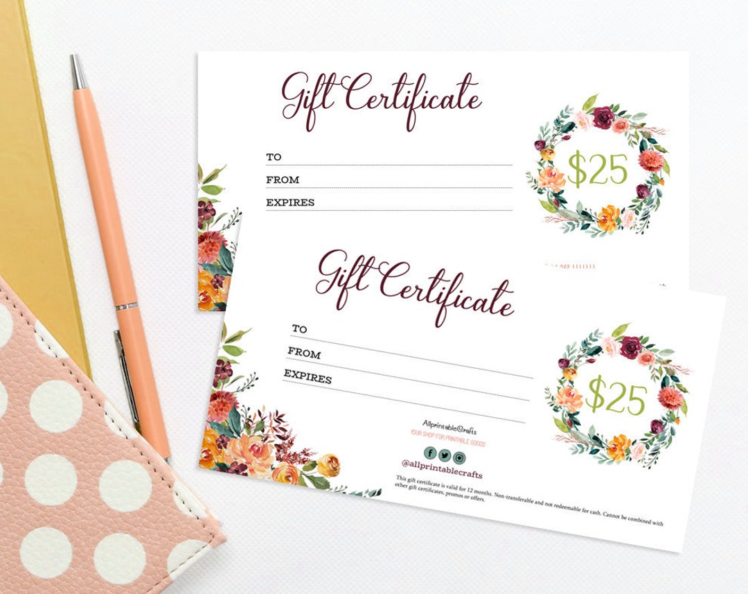Printable Gift Certificate Set Custom Gift Certificates Etsy