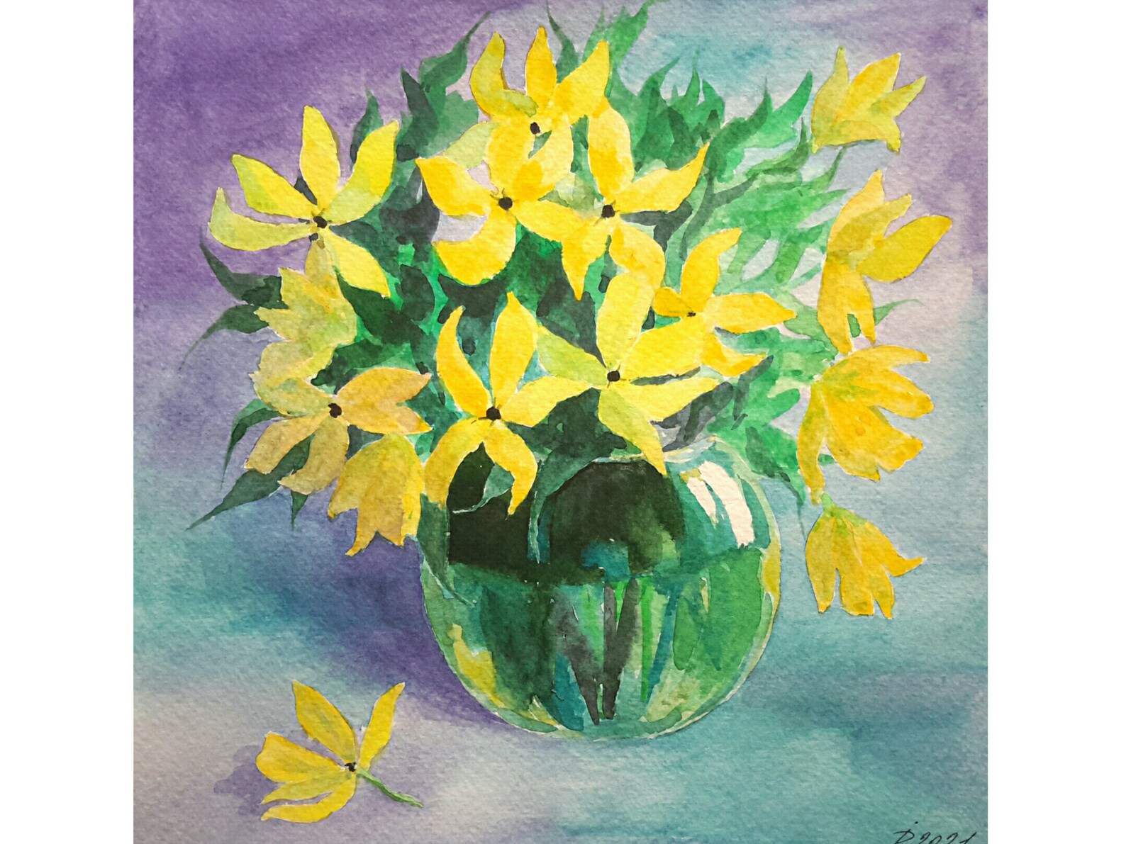 Yellow flowers vase original watercolor floral square painting Etsy