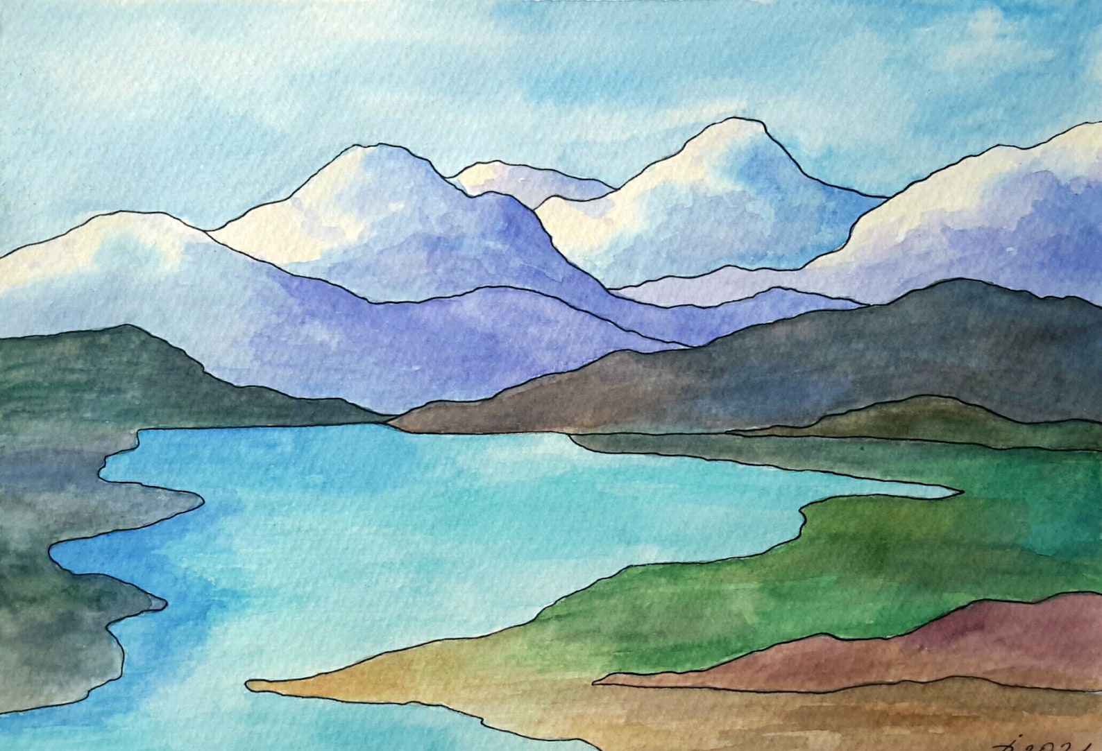 Snow mountains Alaska watercolor illustration. Original Etsy