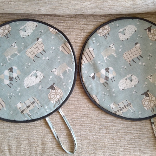 Pair of Aga Lid Covers Duck Egg Baa Baa Sheep Print Fabric with grey binding