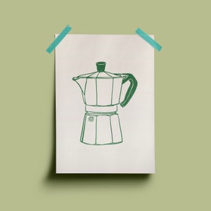 Puede incluir: Un dibujo de línea verde de una cafetera sobre un fondo blanco.