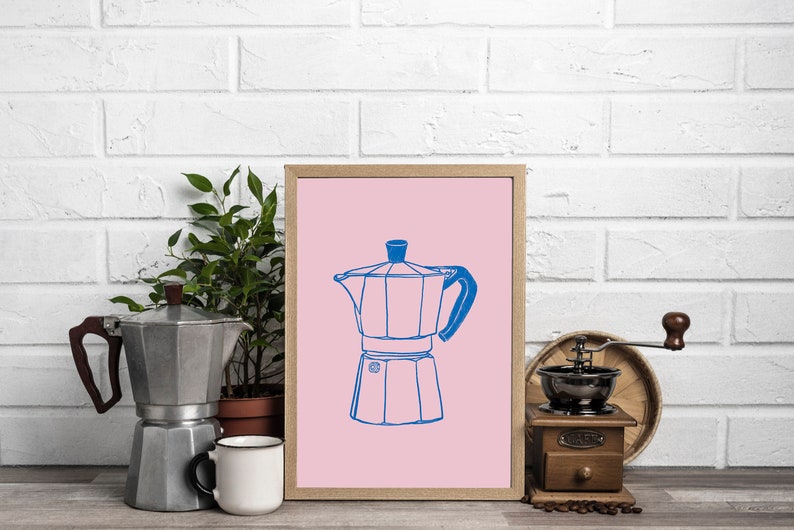 coffee print, espresso print, moka pot print, pink coffee, cafe png, coffee png, kitchen decor, moka pot sketch, espresso png, espresso poster, coffee bar print, coffee illustration, moka pot drawing, moka pot illustration, bialetti print