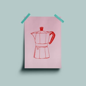 Puede incluir: Un dibujo de línea roja de una cafetera sobre un fondo rosa. La cafetera es una cafetera italiana tradicional.