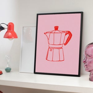 coffee print, espresso print, moka pot print, moka pot sketch, espresso png, espresso poster, coffee bar print, coffee illustration, moka pot drawing, moka pot illustration, pink coffee, coffee decor poster, bialetti print, coffee machine png