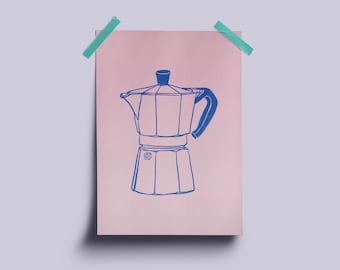 Stampa espresso, stampa moka, schizzo moka, arredamento da cucina, arte della macchina per il caffè, decorazione da parete, stampa minimale, stampa A3, stampa bar caffè