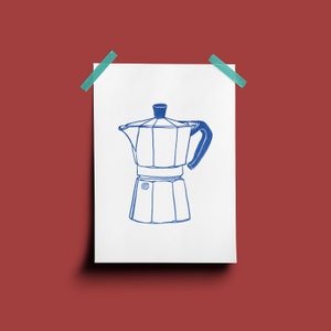 May include: A blue line drawing of a coffee pot on a white background.