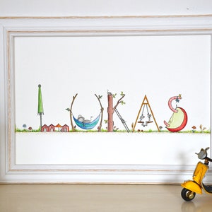 Imagen de nombre pintada a mano, imagen de acuarela personalizada para nacimiento/bautismo/cumpleaños