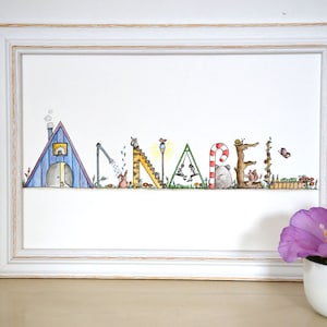 Cuadro de nombre pintado a mano, cuadro de acuarela personalizado para nacimiento/bautizo/cumpleaños
