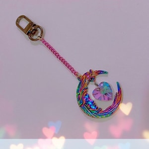 Moon bag charm with crystal heart - rainbow stainless steel/Unique gifts/Halloween keyring