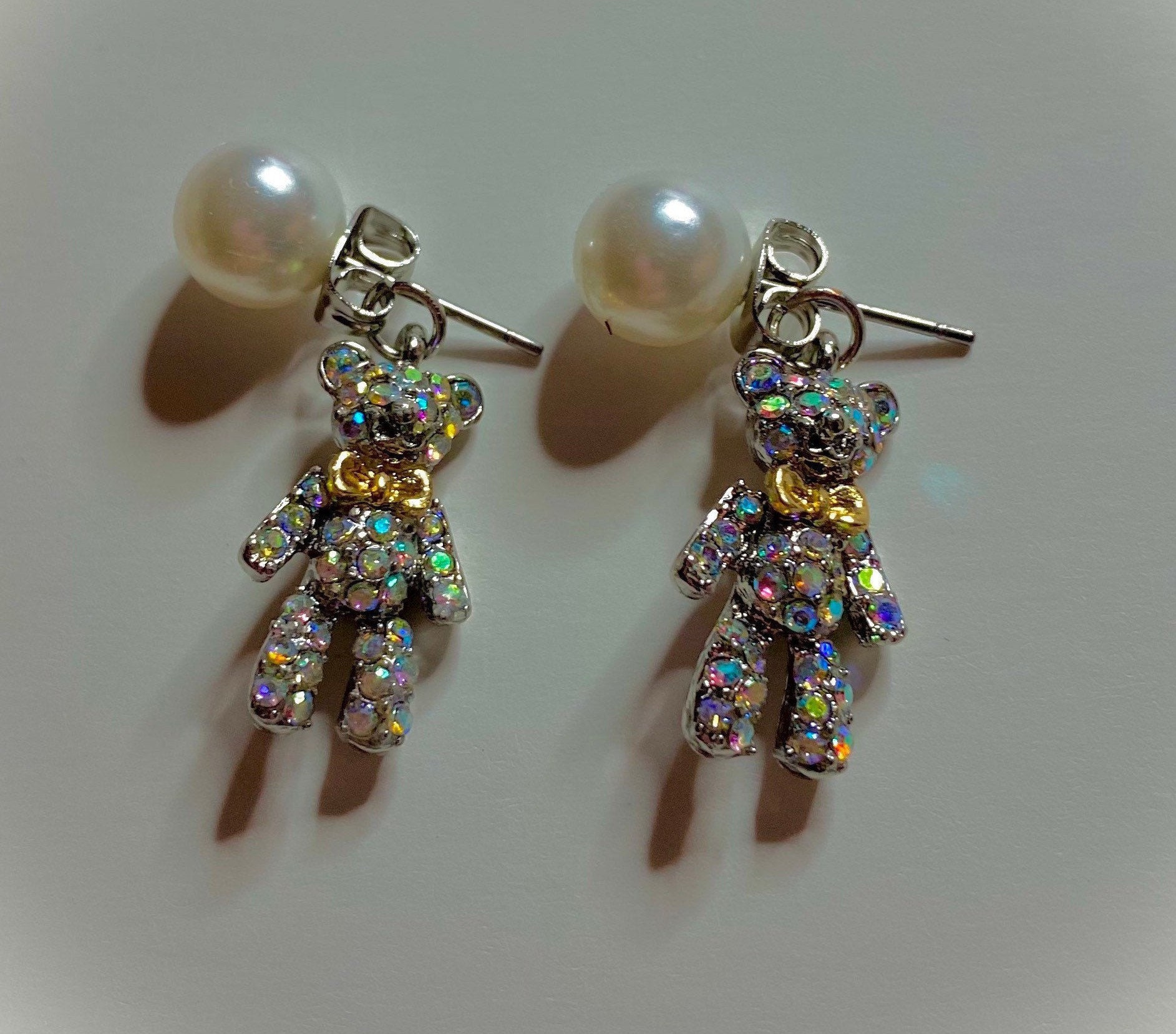 Teddy Bear Earrings With Rhinestone and Pearl Stud Detail Etsy UK