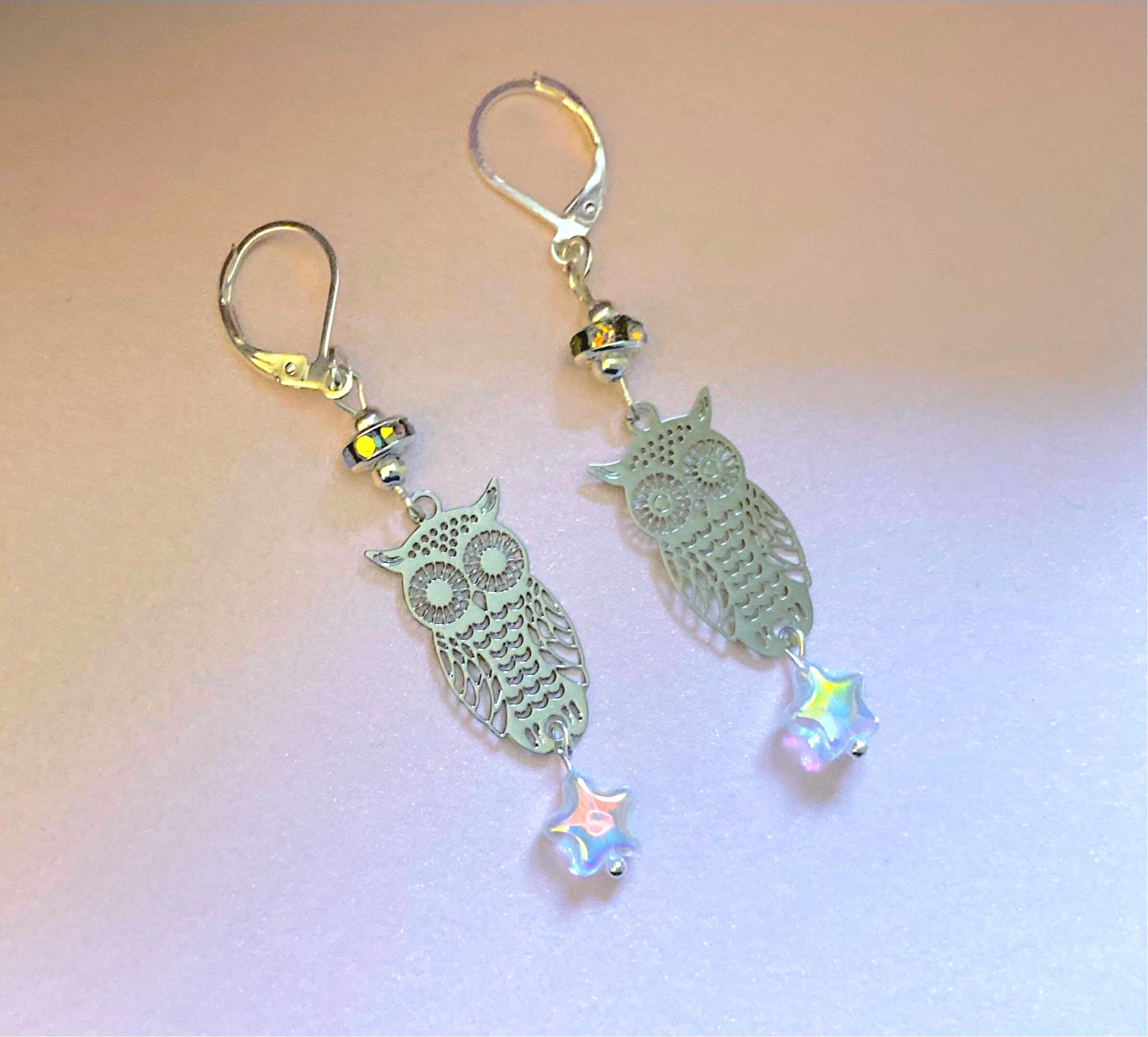 Silver Owl earrings with rhinestone rondelles and glass star/Birthday gifts for her