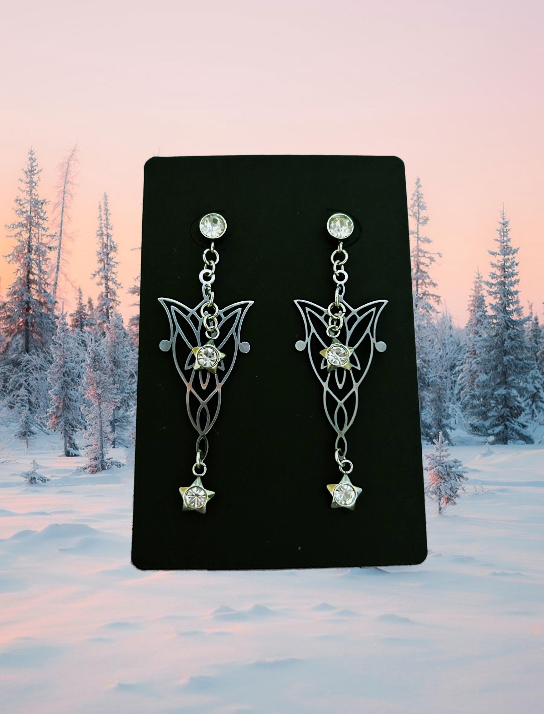 Lord of the Rings Arwen Evenstar stainless steel earrings with white cubic zirconia stones. LOTR cosplay jewellery. LOTR lover jewellery