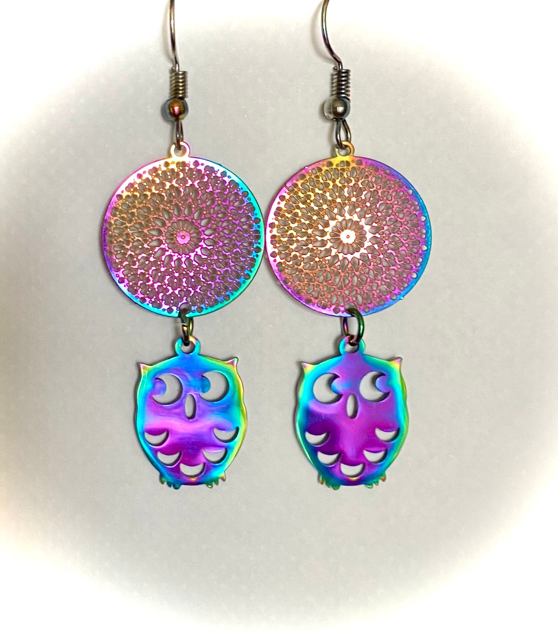 Owl earrings in rainbow stainless steel