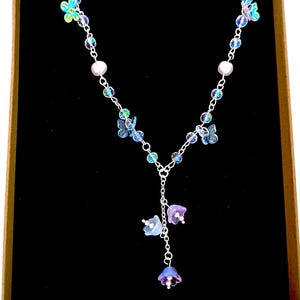 Butterfly and flower necklace with freshwater pearls, Czech glass butterfly’s & handmade lampwork glass flowers/Jewellery for Spring/Easter
