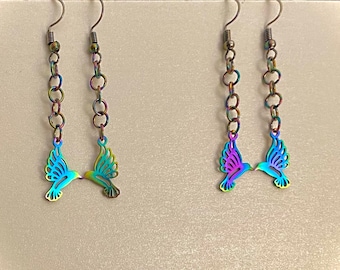 Rainbow filigree stainless steel bird earrings/Valentines Day gifts her